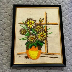 Vintage Handmade Framed Embroidered Daisy Flower Pot Art